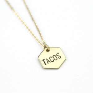 Peachtree Lane | Tacos Brass Hand Stamped Hexagon Necklace
