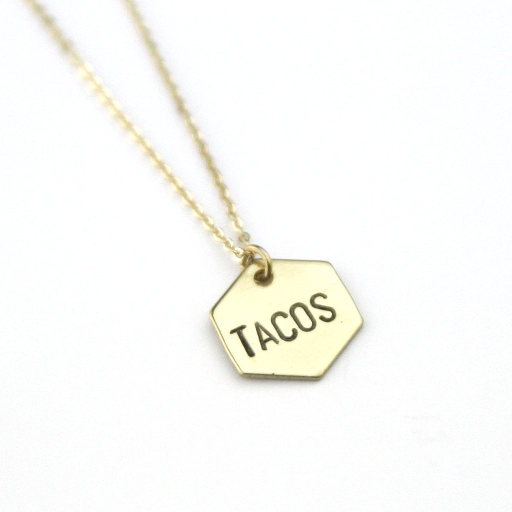 Peachtree Lane | Tacos Brass Hand Stamped Hexagon Necklace