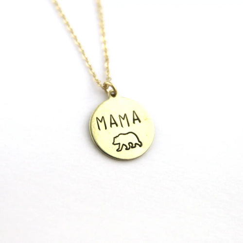 Peachtree Lane | Mama Bear w/ Bear - Circle Brass Stamped Necklace