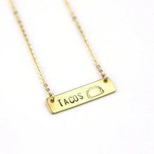 Load image into Gallery viewer, Peachtree Lane | Tacos Hand Stamped Raw Brass Bar Necklace
