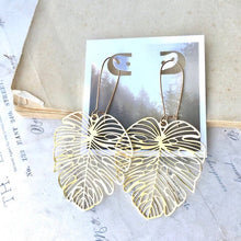 Load image into Gallery viewer, Red Truck Designs | Monstera Leaf Earrings Large Long Gold Lace Tropical