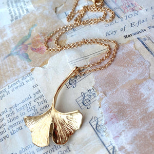 Red Truck Designs | Ginkgo Leaf Necklace Gold Botanical Jewelry Good Luck 17"
