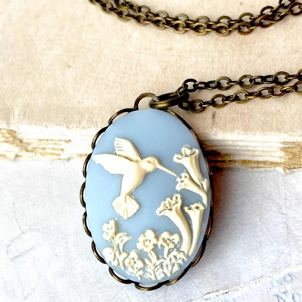 Red Truck Designs | Hummingbird Necklace Petite Light Blue Bird Cameo 18