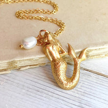 Load image into Gallery viewer, Red Truck Designs | Gold Mermaid Necklace Pearl Ocean Nautical 18 Inches