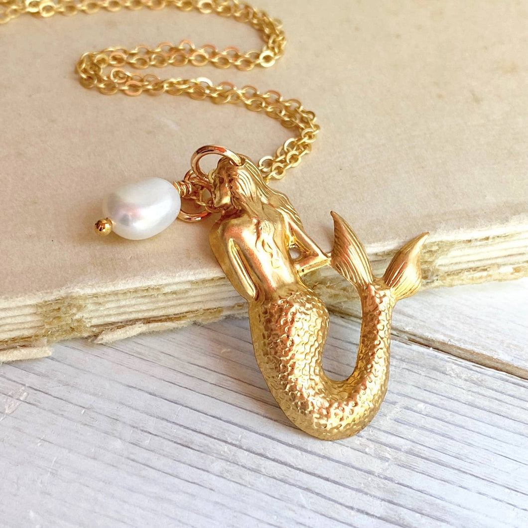 Red Truck Designs | Gold Mermaid Necklace Pearl Ocean Nautical 18 Inches