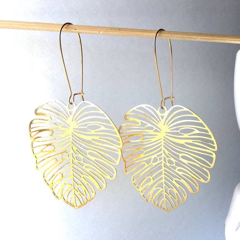 Red Truck Designs | Monstera Leaf Earrings Large Long Gold Lace Tropical