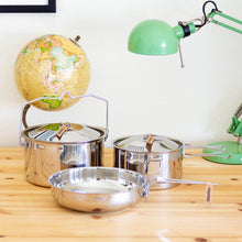 Load image into Gallery viewer, Primus CampFire stainless steel cookset in Large and contains two pots, two lids, and a frying pan. 