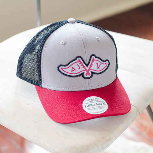 AJ Vagabonds flags patch trucker hat in red grey and navy.