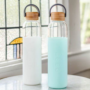 Soma 25 oz BPA free glass water bottle with natural bamboo lid