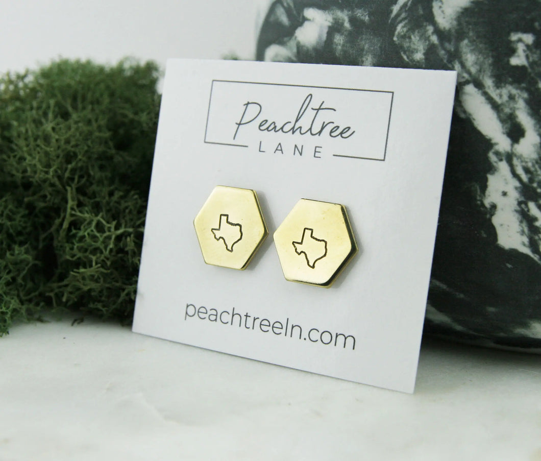 Peachtree Lane | Texas Stamped State Hexagon Earrings